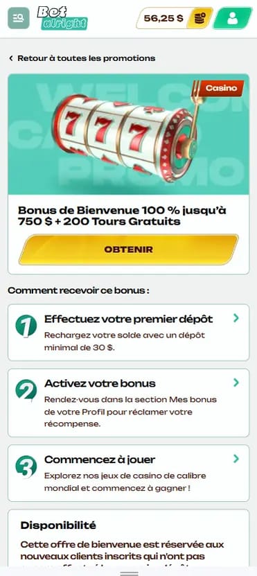 Bonus de bienvenue sur le site Betalright casino slots fond vert