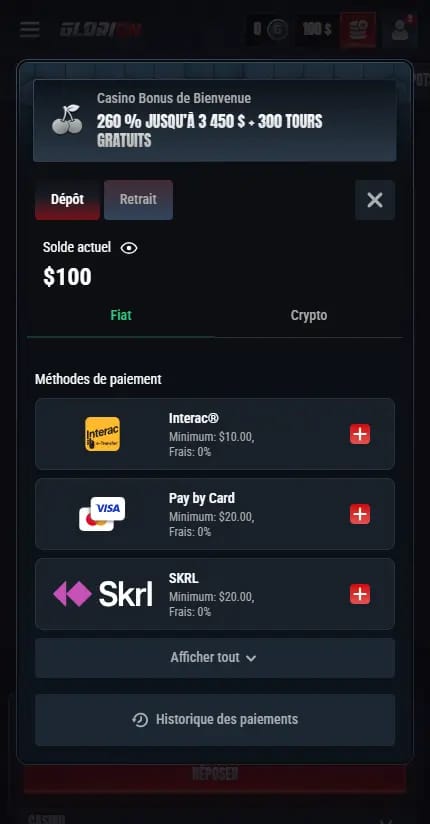 Capture d’écran du site de casino en ligne Glorion, affichant une fenêtre de dépôt avec un solde de 100 $, une offre de bienvenue de 260 % jusqu’à 3 450 $ et 300 tours gratuits, ainsi que plusieurs méthodes de paiement comme Interac, carte bancaire et Skrill.