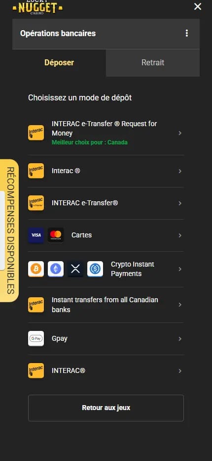 Page des paiements de Lucky Nugget Casino pour les dépôts et les retraits