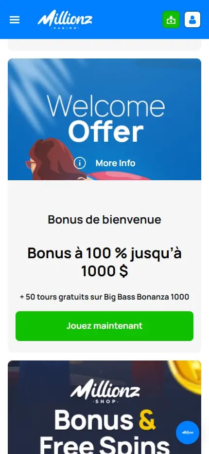 La section des bonus de Millionz Casino avec des détails pour chaque offre