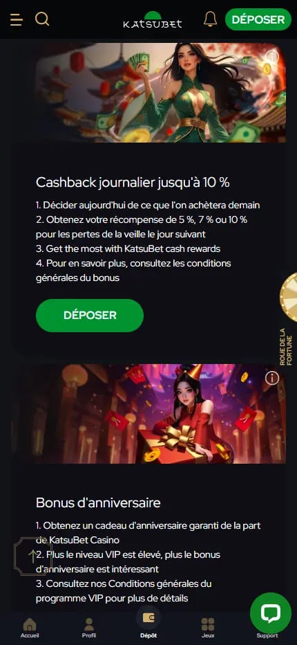 La page des bonus sans dépôt de Katsubet Casino