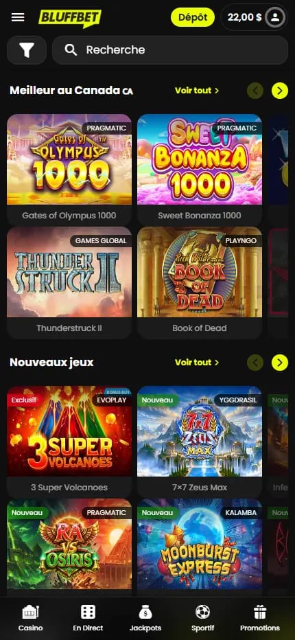 Catalogue de jeux de Bluffbet Casino