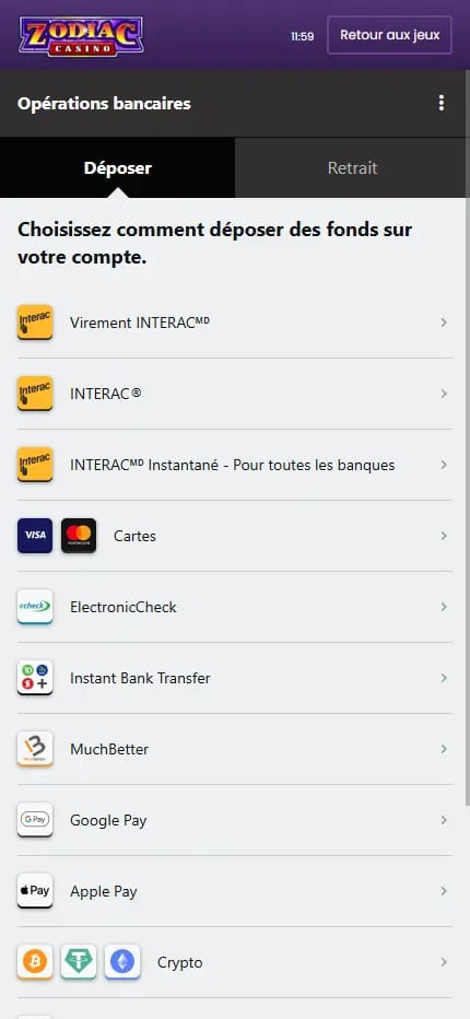 Page des méthodes de paiement de Zodiac avec un dépôt de 1 $