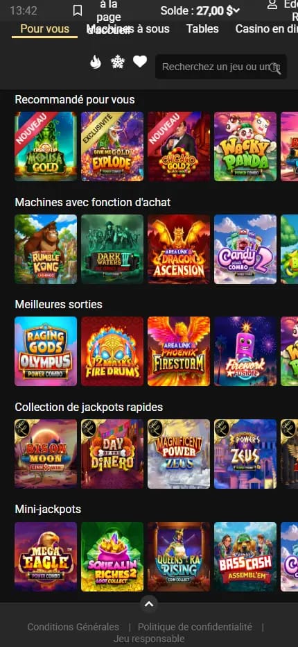 Page des jeux de Lucky Nugget Casino avec les données de connexion du joueur