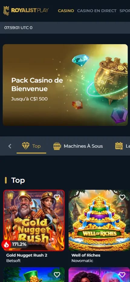 Interface du bonus de bienvenue de Royalist Play avec les offres disponibes actuellement sur le site