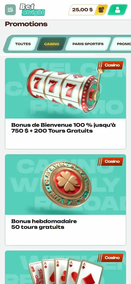 Page des promotions de Betalright Casino avec les différentes offres disponibles