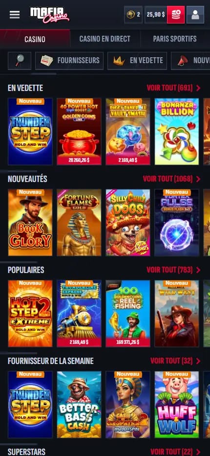 Interface des jeux de Mafia Casino avec toutes les catégories disponibles