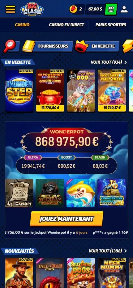 Image des jeux de BigClash Casino avec le menu, le solde et les données de connexion.