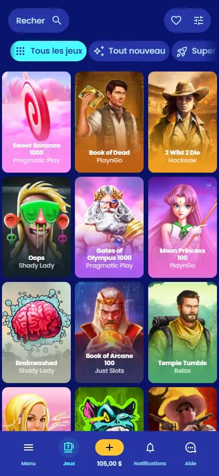 Section des jeux de Casoo Casino avec le solde du joueur