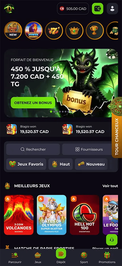 Page d’accueil de Drakaris casino en ligne affichant un bonus de bienvenue jusqu’à 7 200 CAD