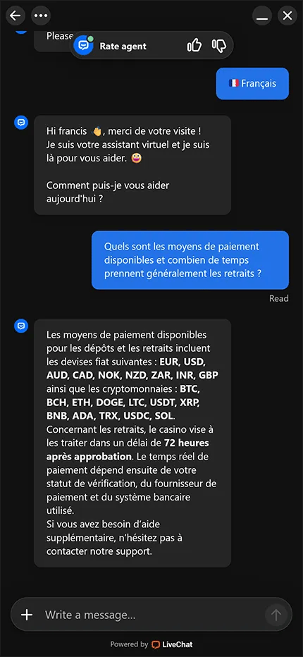 Capture d’écran d’un chat en direct en français avec le support de drakaris casino, présentant les moyens de paiement disponibles