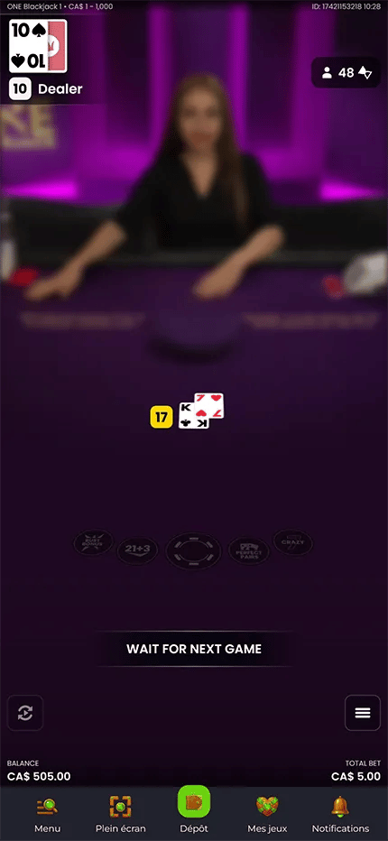 Capture d’écran d’une session live de blackjack