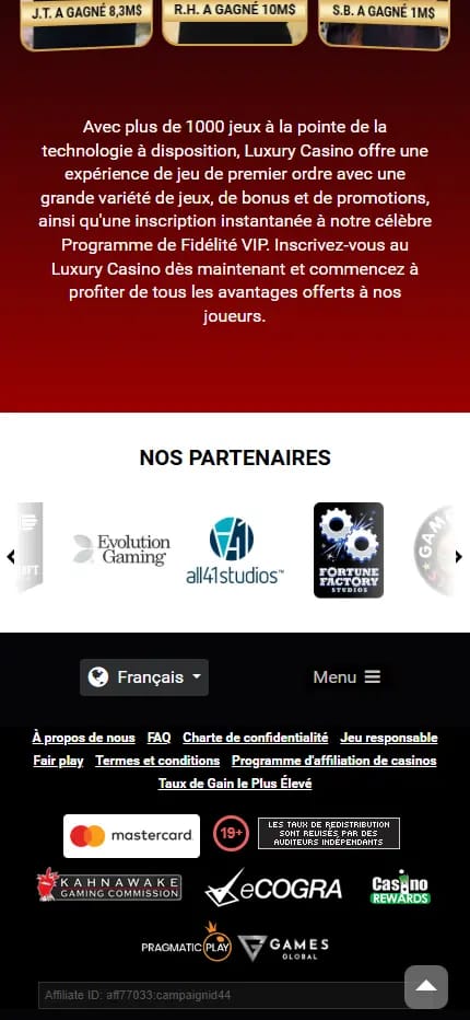 Capture du bas de page de Luxury Casino avec sa licence, ses paiements de paiement et ses partenaires.