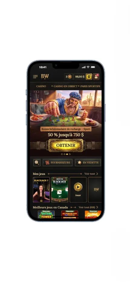 Image de Bestwest Casino sur écran mobile avec un bonus de recharge de 50 % jusqu