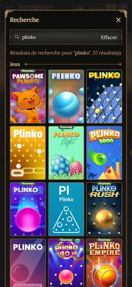 Catalogue des différents jeux de plinko sur BetWest Casino