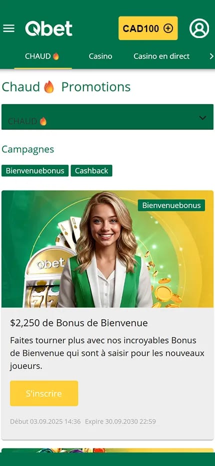 La page promotion du casino Qbet affichant les offres promotionnelles disponibles