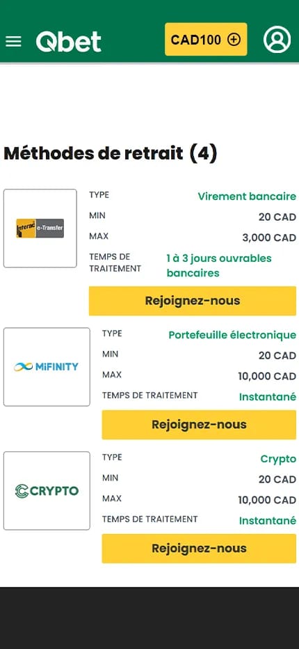 Page de paiement sur Qbet Casino montrant les moyens de paiement disponibles et leurs limites respectives