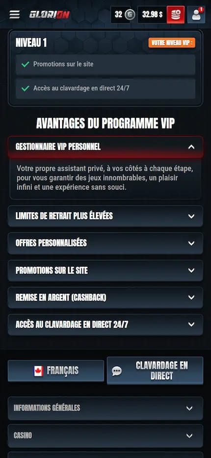 Page sur le club VIP de Glorion Casino proposant les différents avantages avec un compte joueur connecté