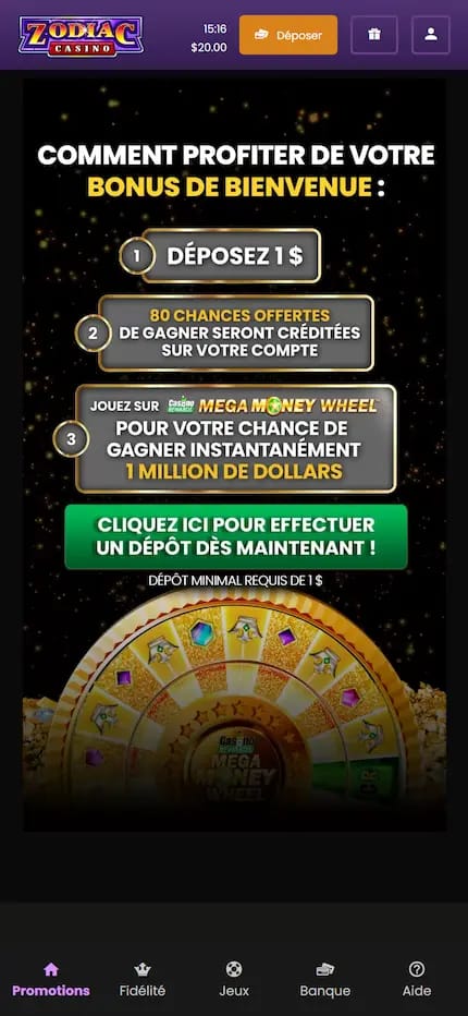 Bonus de bienvenue sur Zodiac Casino