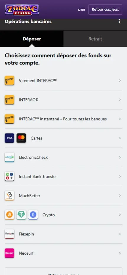 Page des paiements sur Zodiac Casino