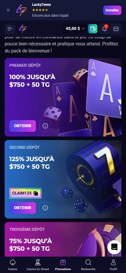 Page des promotions de Lucky7even Casino avec les détails du bonus de bienvenue