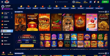 Image des jeux de BigClash Casino avec le menu, le solde et les données de connexion.