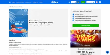 Image des bonus de Millionz Casino avec tous les détails de  l