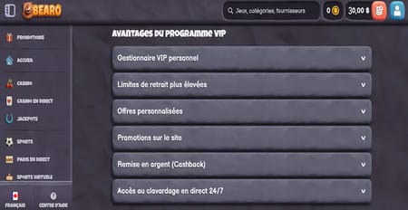les avantages du programme VIP de Bearo Casino