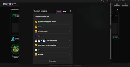 Page des paiements de JackpotCity Casino avec un appercu des services proposés.