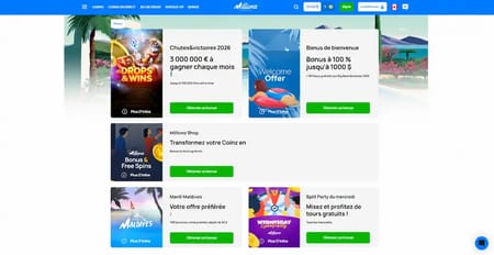La section des bonus de Millionz Casino avec des détails pour chaque offre