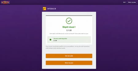 Page des paiement de Zodiac avec un dépôt de 1 $ réalisé avec succès